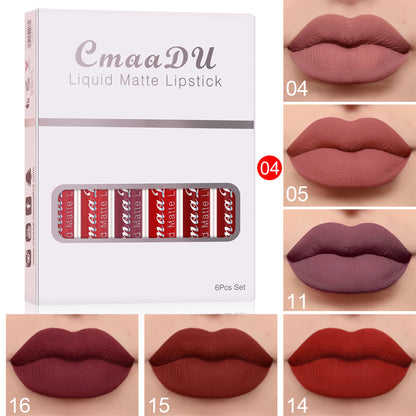 6 Boxen mit mattem, antihaftbeschichtetem, wasserfestem Lippenstift und lang anhaltendem Lipgloss