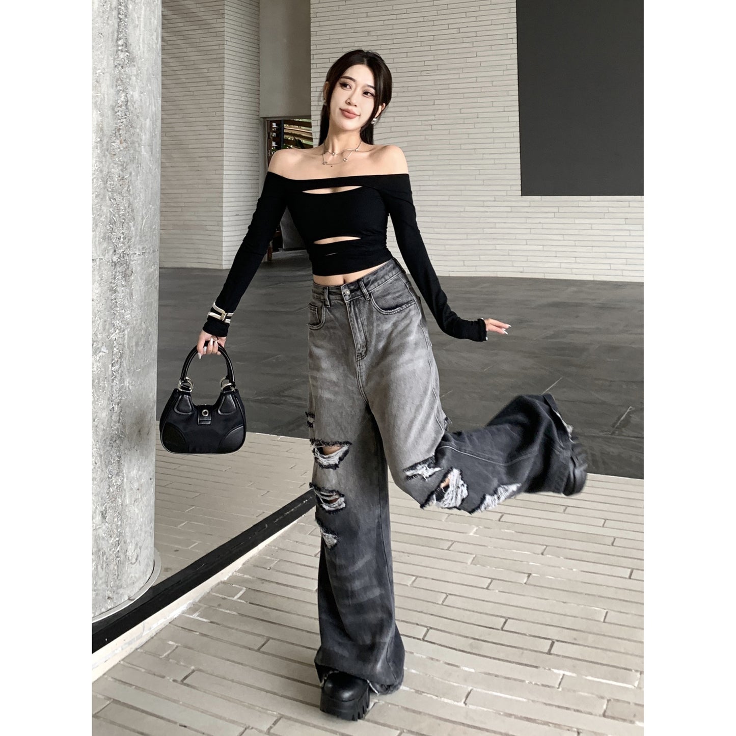 Gradient Color Big Ripped Hot Girl Wide Leg Jeans For Women - X2-Shopping