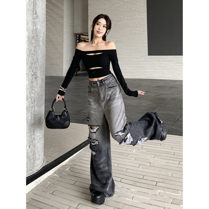 Gradient Color Big Ripped Hot Girl Wide Leg Jeans For Women - X2-Shopping