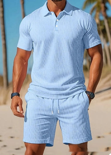 Men's Casual Beach Mesh Lapel Set Summer Comfortable Breathable Loose Solid-Color Sports Short-Sleeved Shirt And Shorts Set