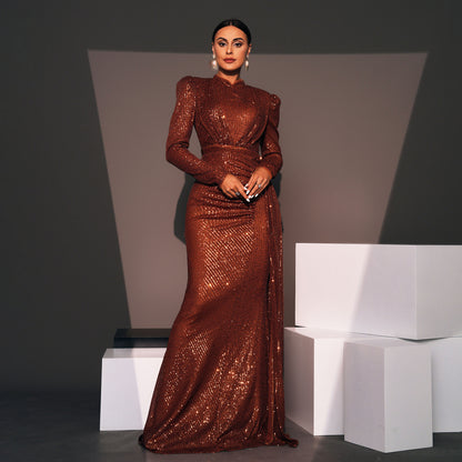 Long Sleeve Round Neck Sexy Slim Long Sequined Banquet Dress - X2-Shopping