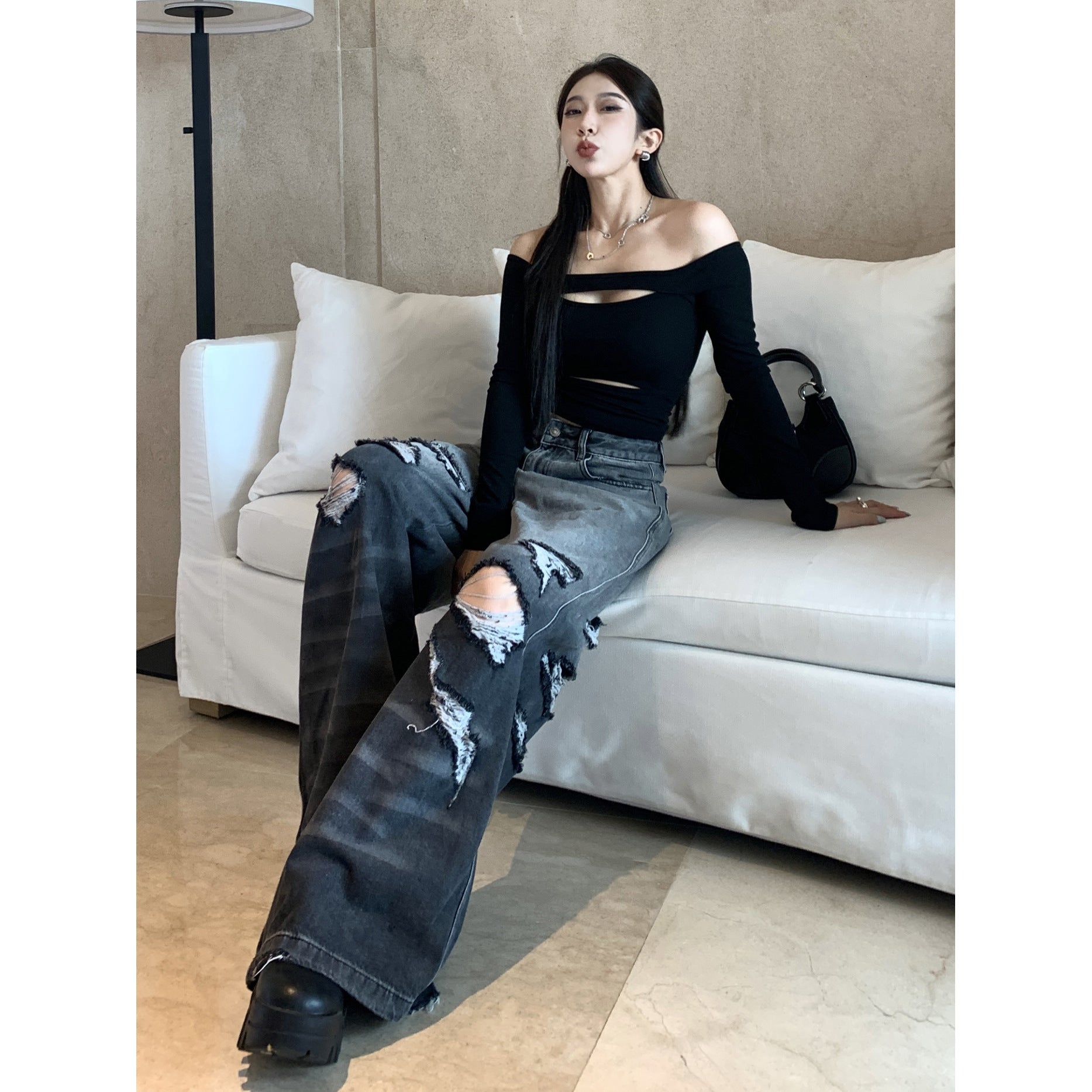Gradient Color Big Ripped Hot Girl Wide Leg Jeans For Women - X2-Shopping