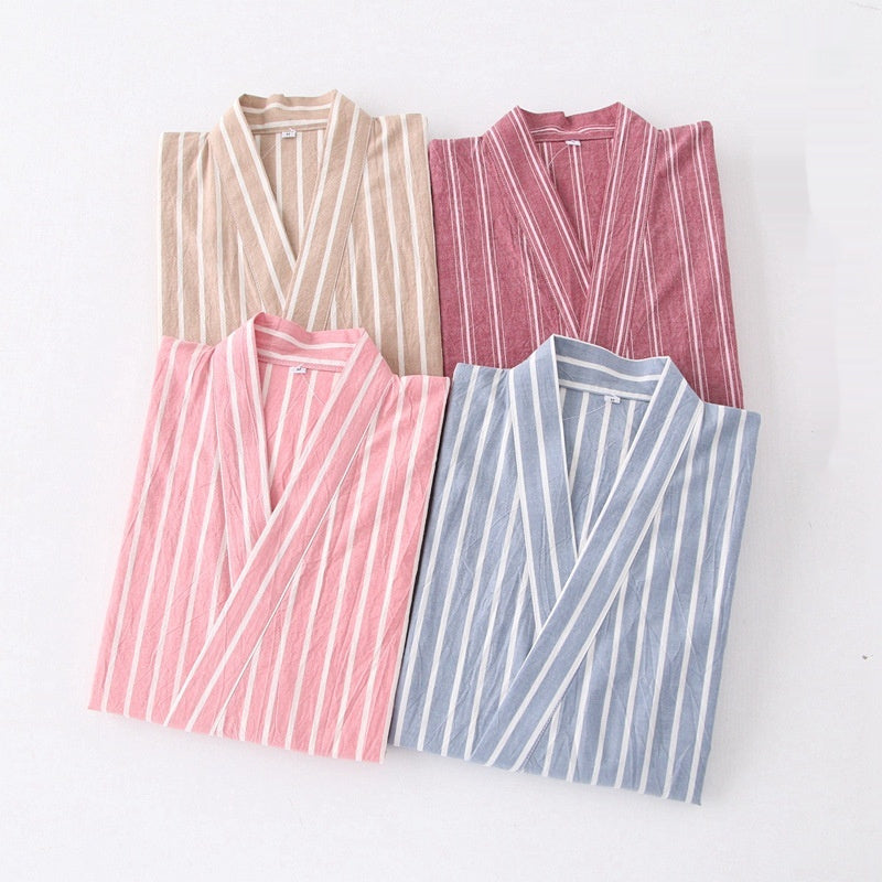 Gewaschener Pyjama-Anzug aus Baumwolle, dünn gestreift, japanischer Kimono-Hose für Herren und Damen, Homewear-Anzug