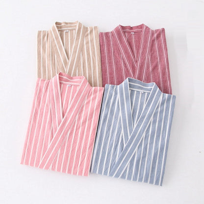 Gewaschener Pyjama-Anzug aus Baumwolle, dünn gestreift, japanischer Kimono-Hose für Herren und Damen, Homewear-Anzug
