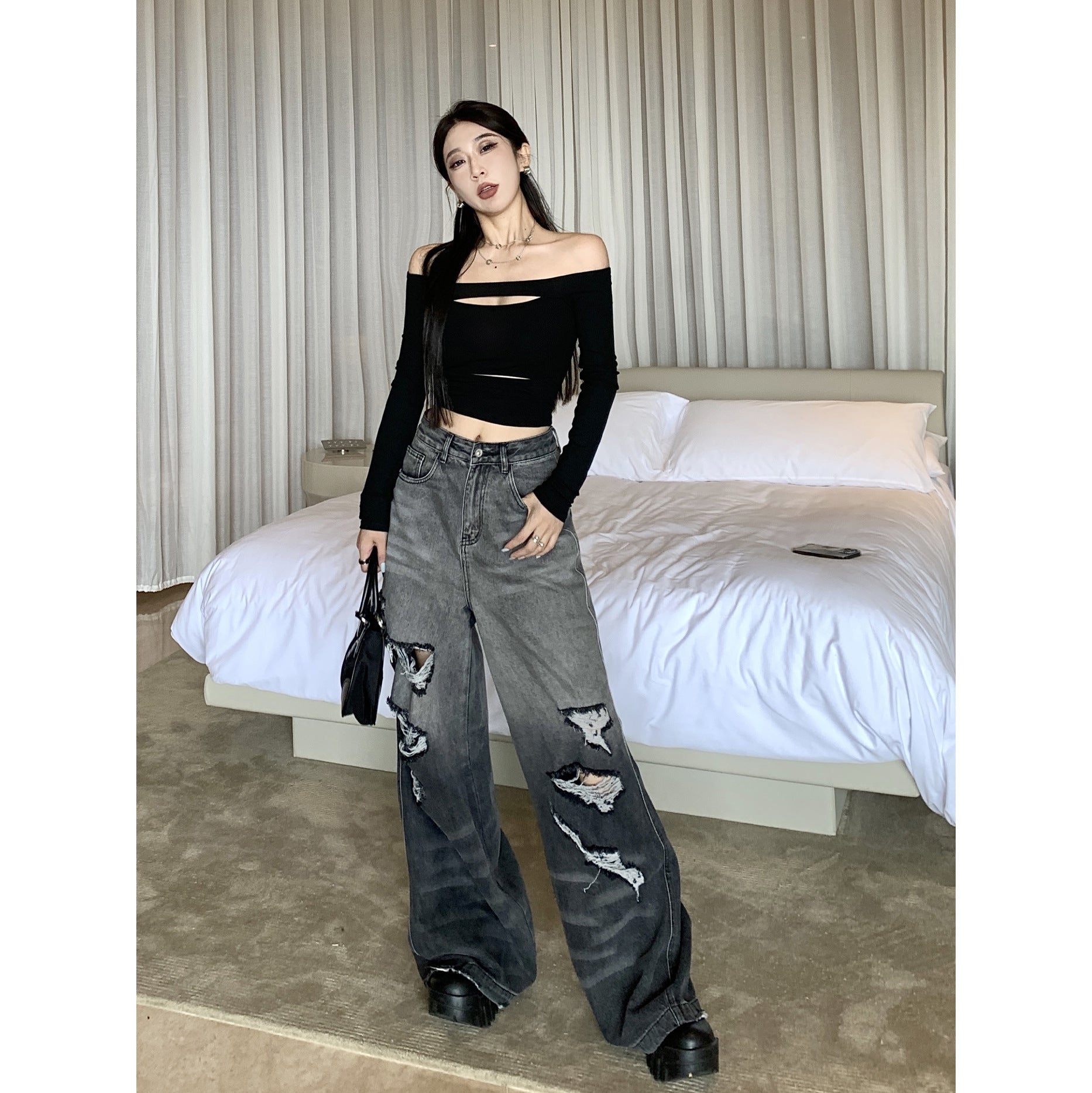 Gradient Color Big Ripped Hot Girl Wide Leg Jeans For Women - X2-Shopping