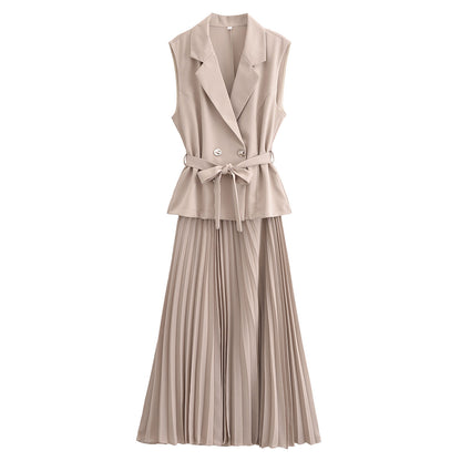 European And American Double Breasted With Belt Vest Pleated Skirt Dress