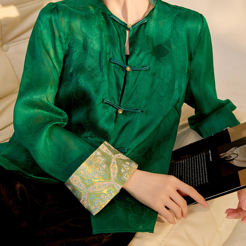 Chinese Style High-end Embroidery Shirt Buckle Retro Thin Fashion Tops Women - X2-Shopping