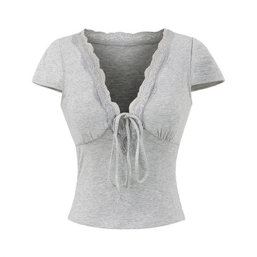 European And American Style Slim Chest Pad Lace V-neck Short Sleeve
