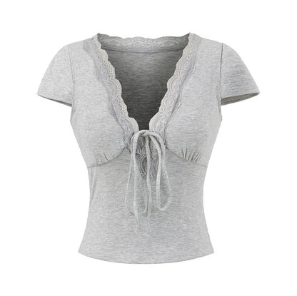 European And American Style Slim Chest Pad Lace V-neck Short Sleeve