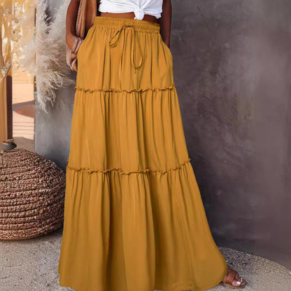 Women's Layered High Waist Elastic Lace-up Skirt With Wooden Ears - X2-Shopping