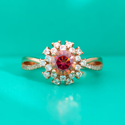 Colorful Red Moissanite Flower Ring Female S925 Sterling Silver