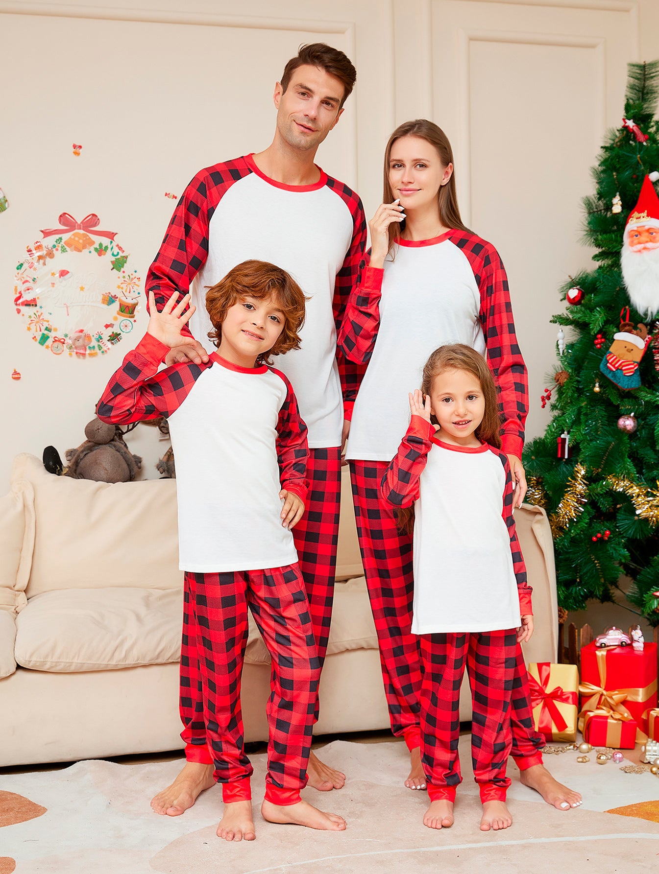 Christmas Solid Color Plaid Printed Christmas Parent-child Homewear Suits - X2-Shopping