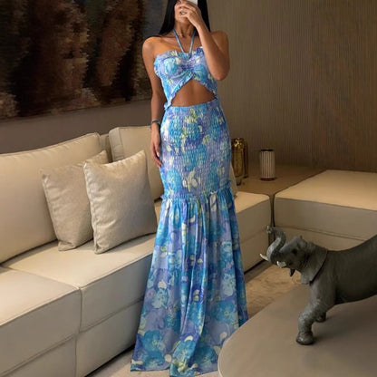 Halterneck Printed Pleated Dress Loose