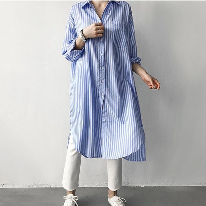 Early Autumn Lazy Cold Style Mid-length Striped Shirt - X2-Shopping