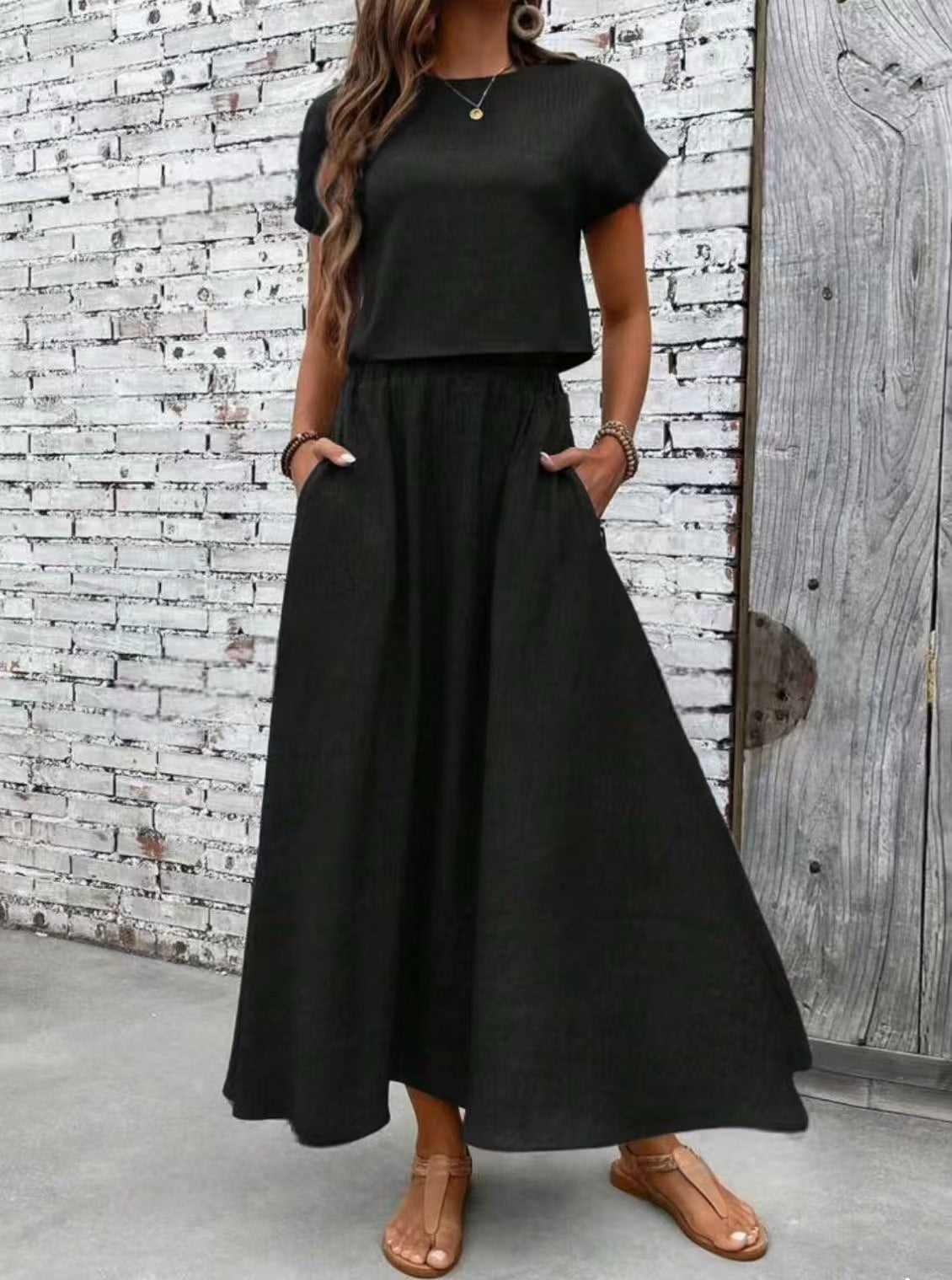 2 Piece Set Women's Solid Color Short Sleeve Top And Casual A- Line Dress Suit - X2-Shopping