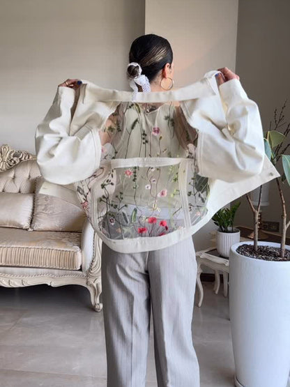 White Denim Cropped Jacket With Floral - Embroidered Sheer Back