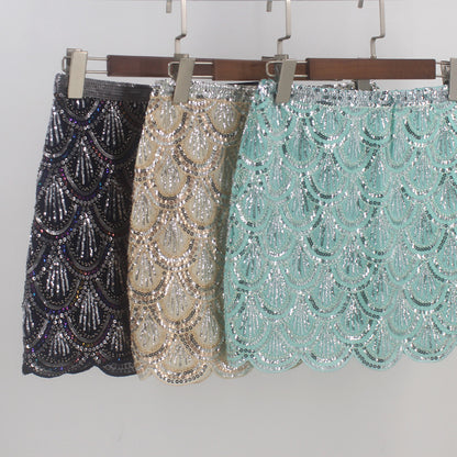 Heavy industry sequin wave edge hip hugging short skirt and half body skirt - X2-Shopping