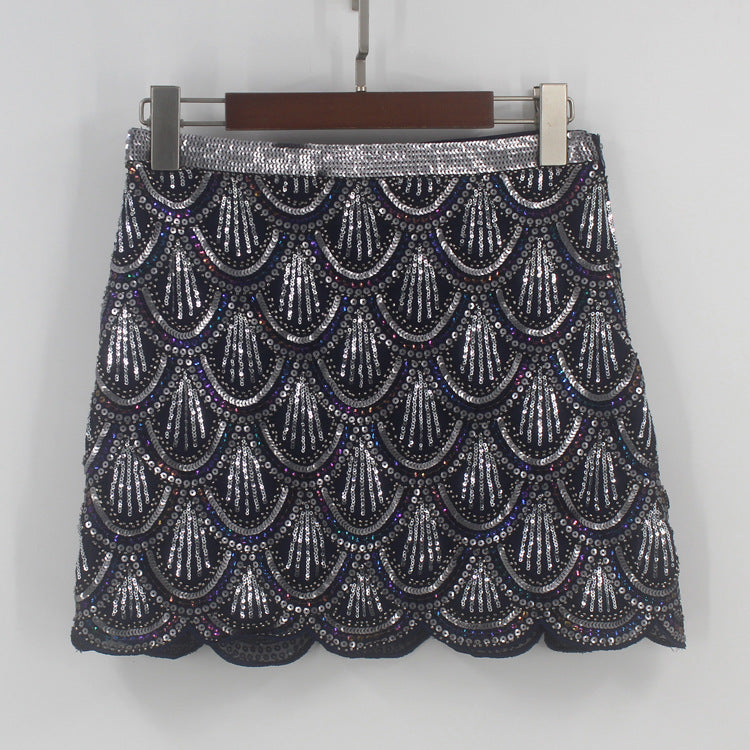 Heavy industry sequin wave edge hip hugging short skirt and half body skirt - X2-Shopping