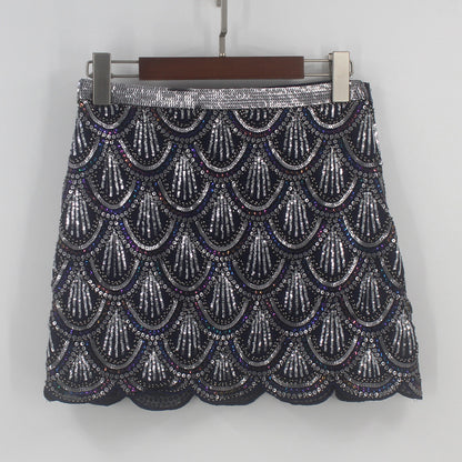 Heavy industry sequin wave edge hip hugging short skirt and half body skirt - X2-Shopping