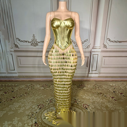فستان حورية البحر الرسمي النهاري بتصميم ضمادة ذهبية لامعة مع خصر ضيق وتنحيف