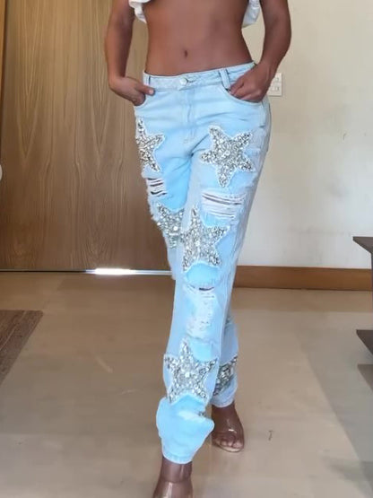 Five-pointed Star Hot Diamond Ripped Jeans - X2-Shopping