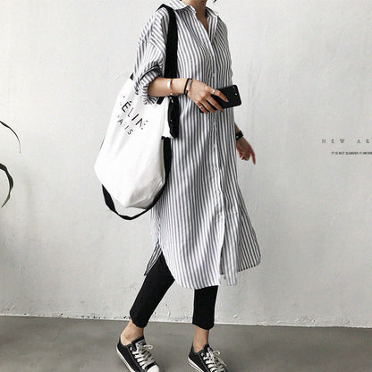 Early Autumn Lazy Cold Style Mid-length Striped Shirt - X2-Shopping