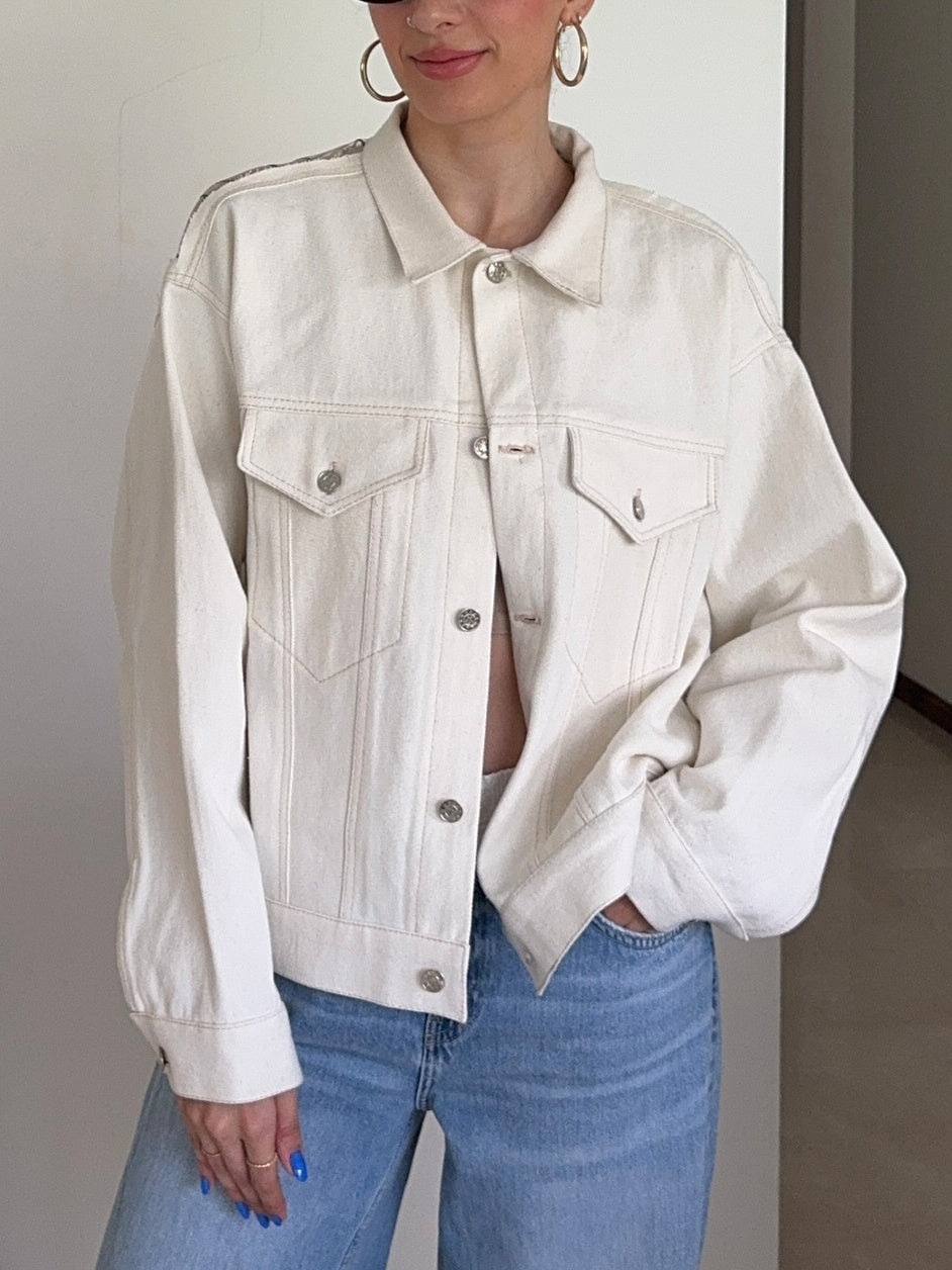 White Denim Cropped Jacket With Floral - Embroidered Sheer Back