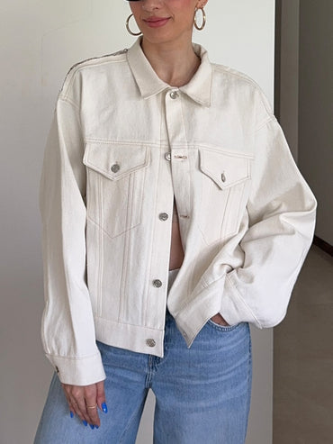 White Denim Cropped Jacket With Floral - Embroidered Sheer Back