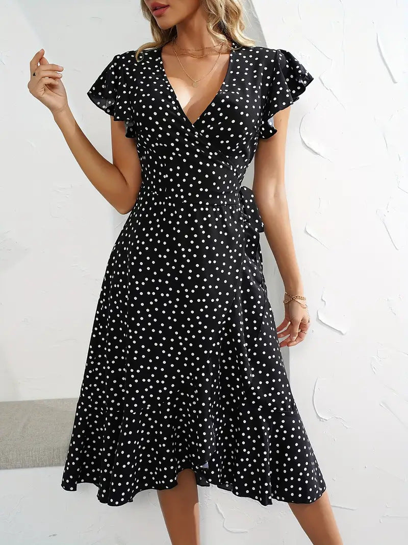 V-neck Printing Short Sleeve Skirt Tied Lotus Leaf Dress