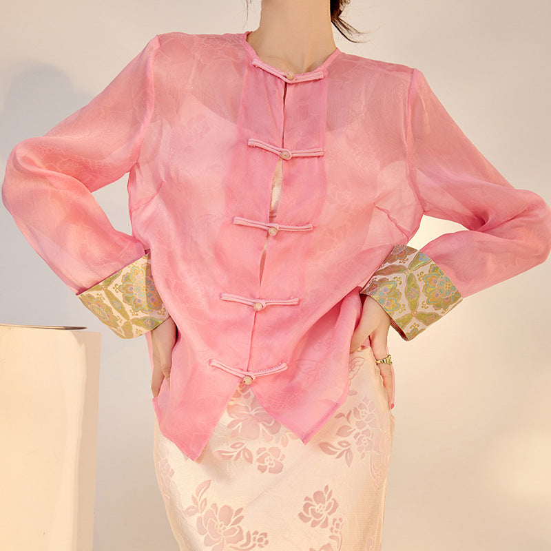 Chinese Style High-end Embroidery Shirt Buckle Retro Thin Fashion Tops Women - X2-Shopping