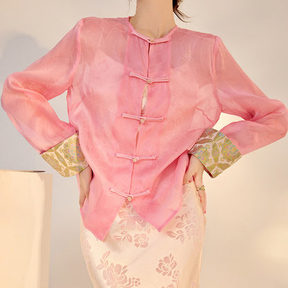 Chinese Style High-end Embroidery Shirt Buckle Retro Thin Fashion Tops Women - X2-Shopping