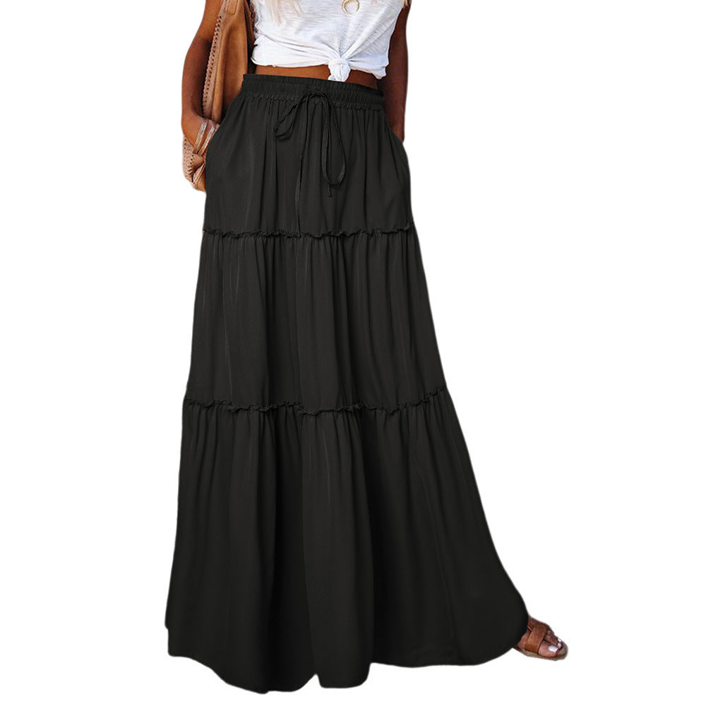 Women's Layered High Waist Elastic Lace-up Skirt With Wooden Ears - X2-Shopping