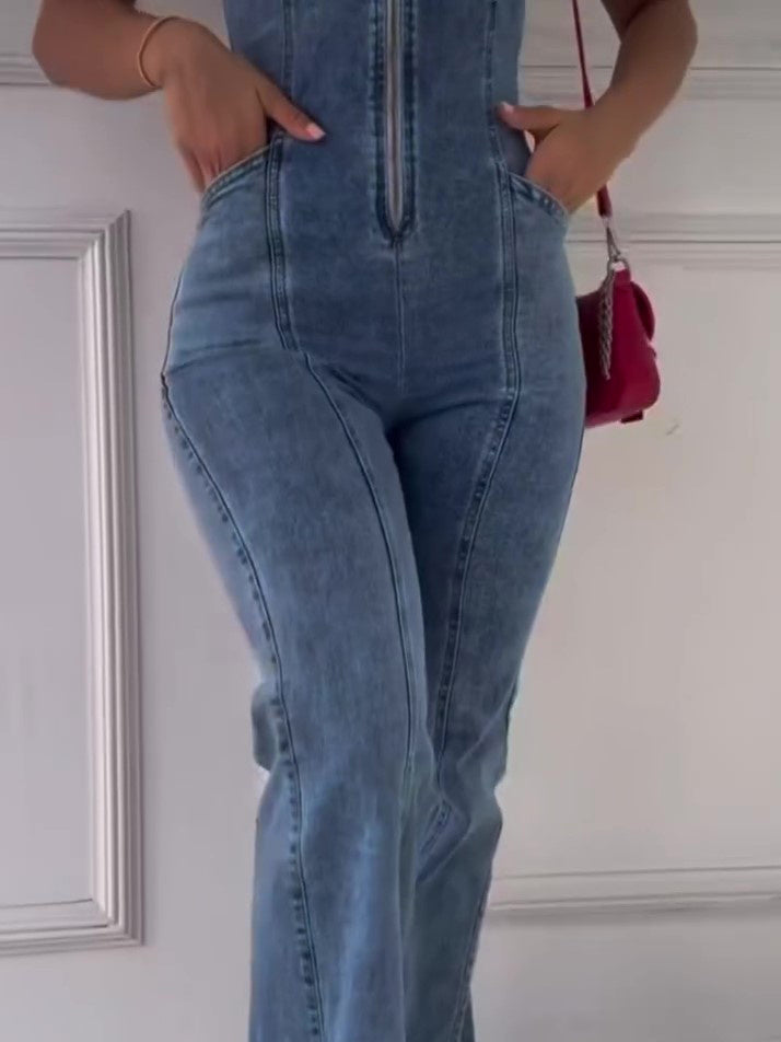 Sleeveless Paneled Zipper Denim Jumpsuit - X2-Shopping