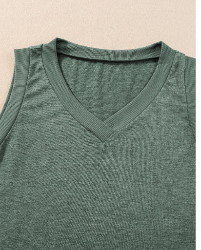 Mist Green Ribbed V Neck Tank - X2-Shopping