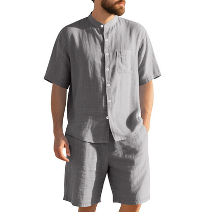 American Linen Suit Men's Summer Two-piece Suit Henry Collar Beach