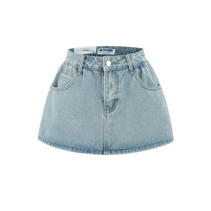 Retro Mid-low Waist Anti-exposure Denim A- Line Bubble Short Skirt