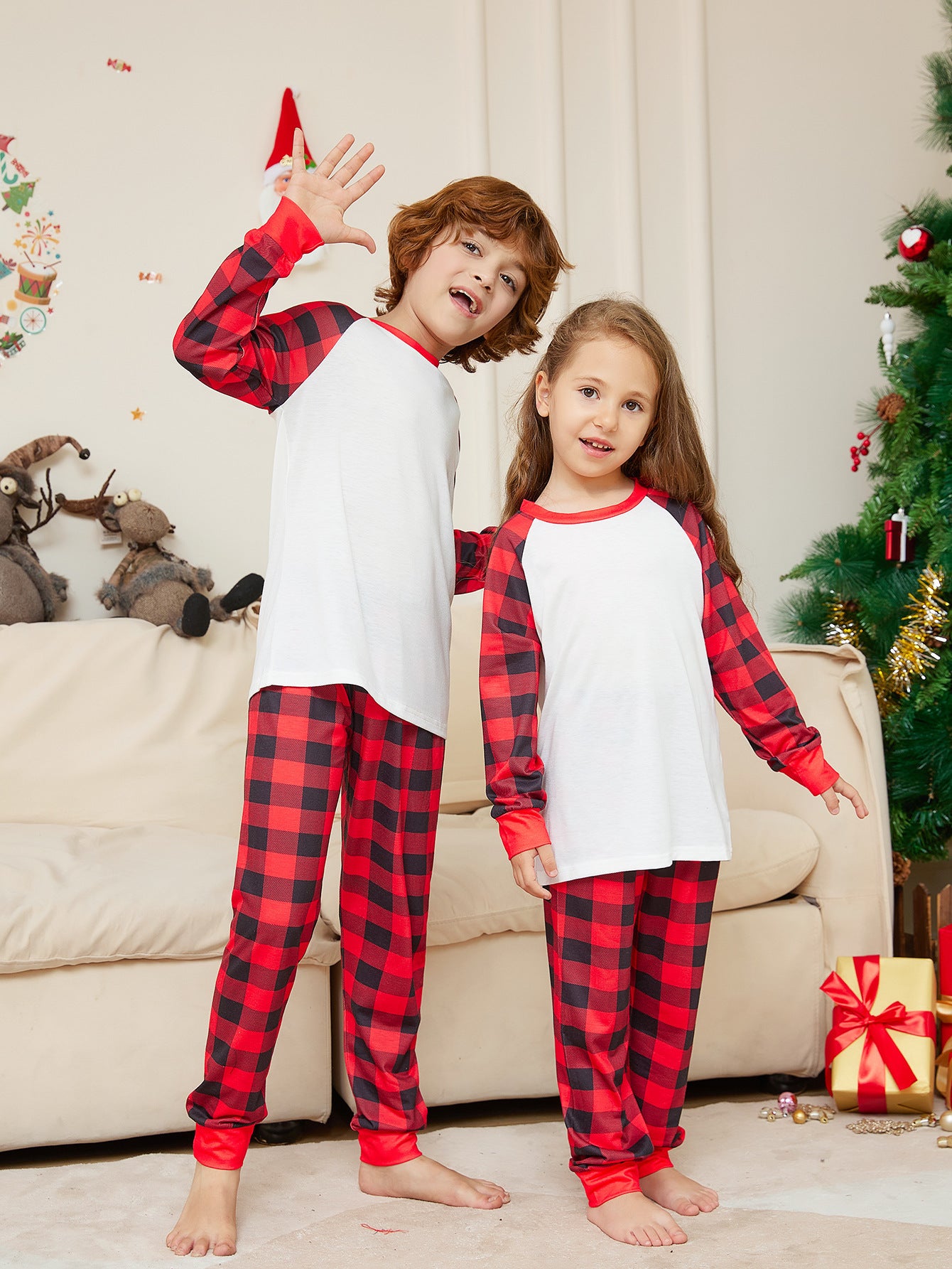 Christmas Solid Color Plaid Printed Christmas Parent-child Homewear Suits - X2-Shopping