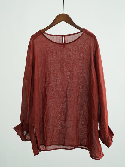 Original Simplicity Round Neck Pullover Clear Ramie Mid-length Shirt