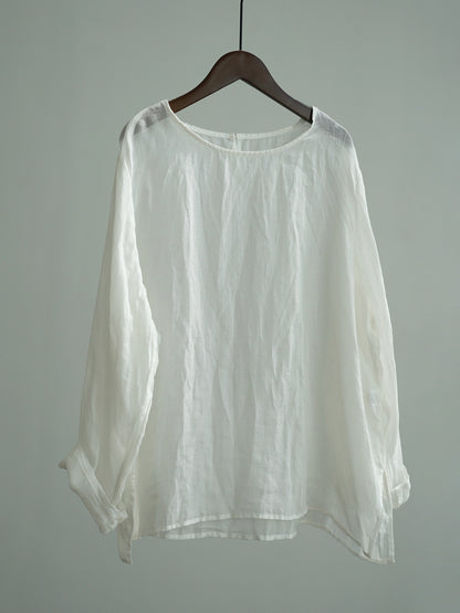 Original Simplicity Round Neck Pullover Clear Ramie Mid-length Shirt