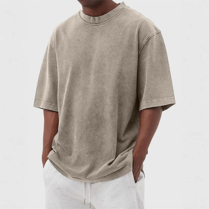 Men's Washed Fried Color Distressed Solid Color Pullover Short T-shirt