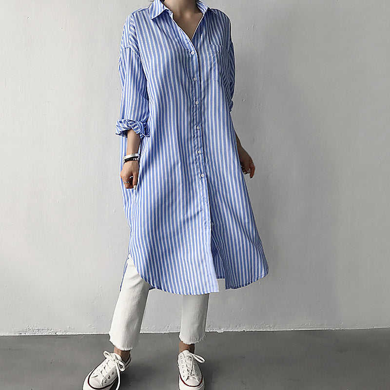 Early Autumn Lazy Cold Style Mid-length Striped Shirt - X2-Shopping