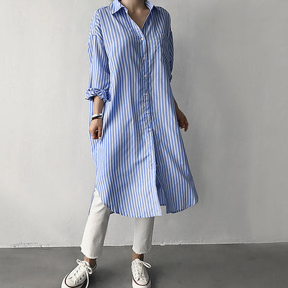 Early Autumn Lazy Cold Style Mid-length Striped Shirt - X2-Shopping