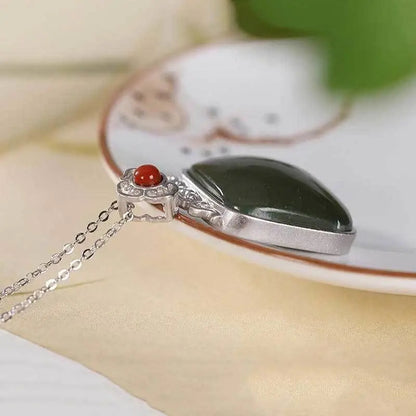 Natural Auspicious Clouds Ruyi Square Plate Inlaid S925 Sterling Silver Pendant