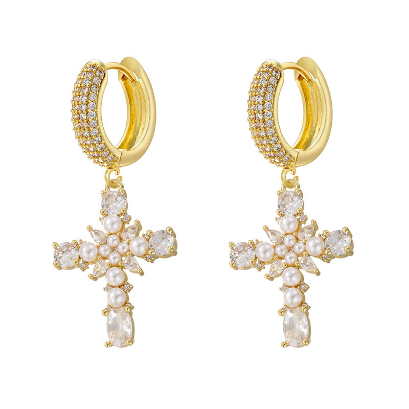 European And American Entry Lux Copper Plating 18K Gold Inlaid Colorful Crystals Cross Earrings