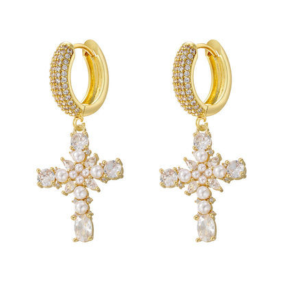 European And American Entry Lux Copper Plating 18K Gold Inlaid Colorful Crystals Cross Earrings