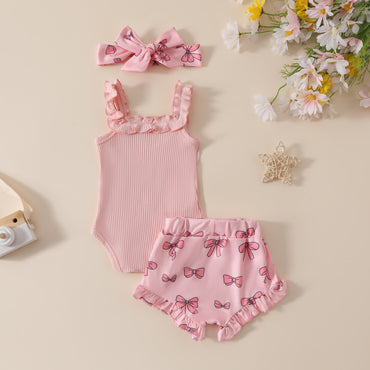 Zweiteiliges Set mit einfarbigem Strampler und Shorts mit Schleife für Mädchen