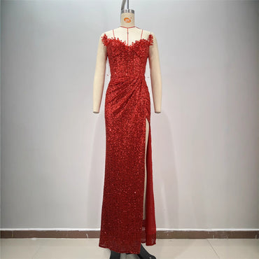 Drop-shaped Diamond Sexy Low-cut High Sitt Red Paillette Tube Coat And Dress