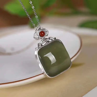 Natural Auspicious Clouds Ruyi Square Plate Inlaid S925 Sterling Silver Pendant