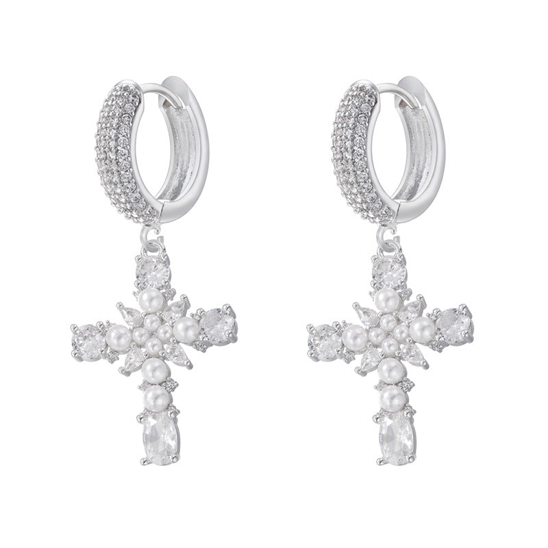 European And American Entry Lux Copper Plating 18K Gold Inlaid Colorful Crystals Cross Earrings