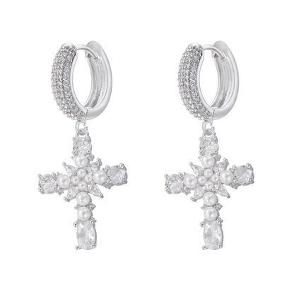 European And American Entry Lux Copper Plating 18K Gold Inlaid Colorful Crystals Cross Earrings